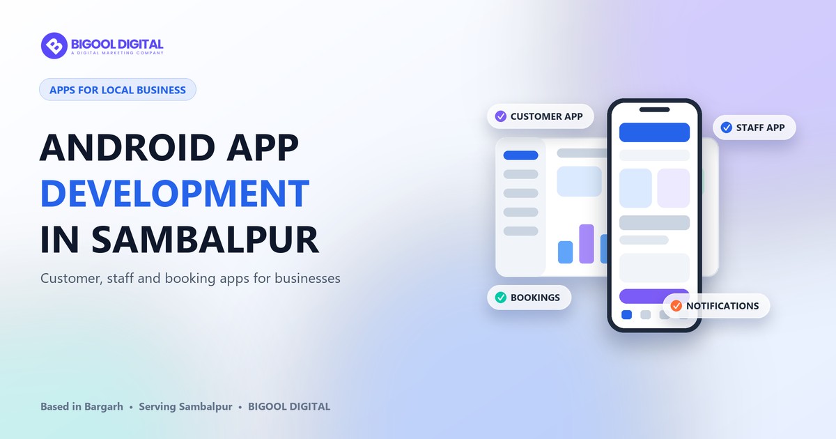 Android app development in Sambalpur: customer, staff and booking apps on a phone and admin dashboard