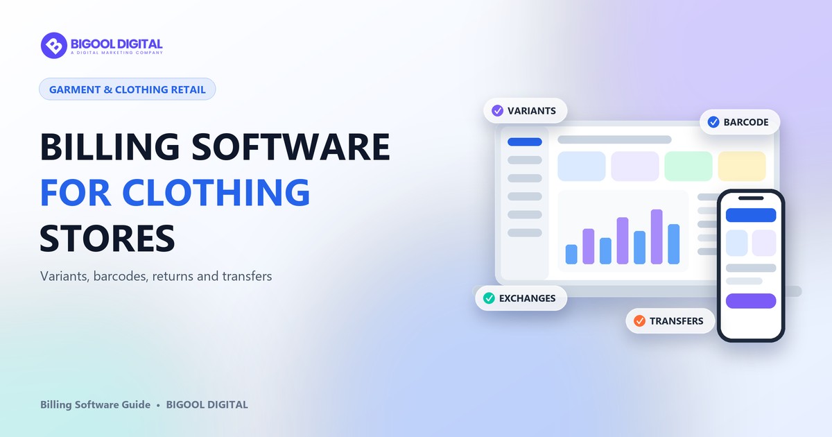 Billing software for clothing stores showing size and colour variants, barcode labels and sales dashboard