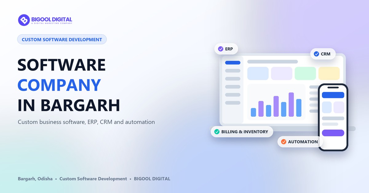Custom business software in Bargarh: ERP, CRM, billing and inventory dashboard on a laptop with a companion mobile app